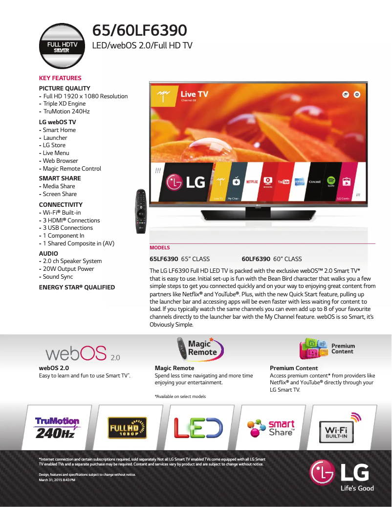 Page 1 de la notice Fiche technique LG 60LF6390