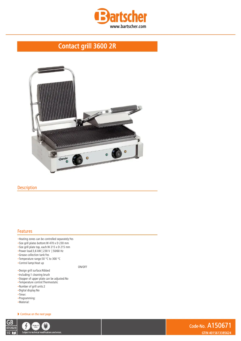 Page 1 of the manual Technical Sheet Bartscher A150671