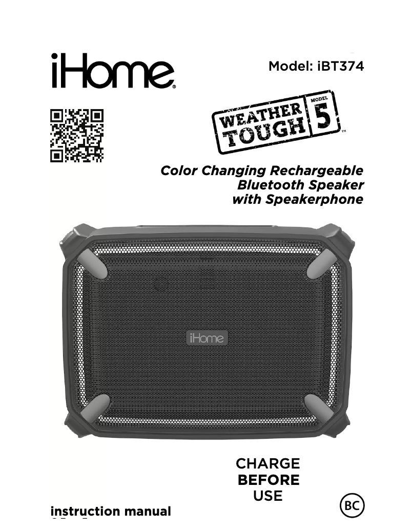 Page 1 of the manual User Manual iHome IBT374BGC