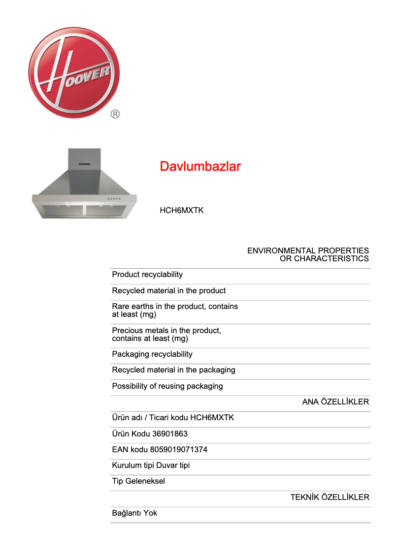 Page 1 de la notice Fiche technique Hoover HCH6MXTK