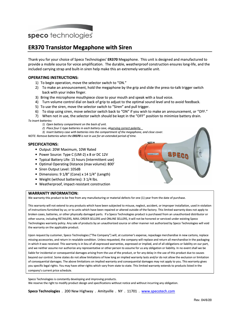 Page 1 of the manual User Manual Speco Technologies ER370