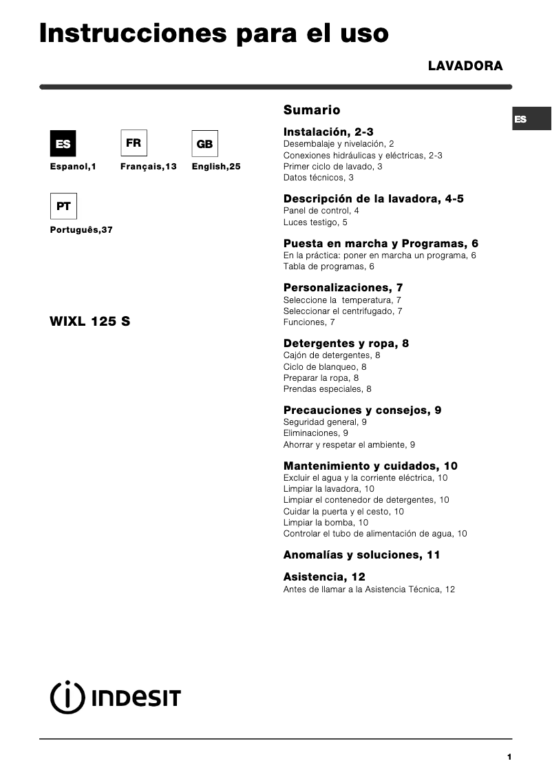 Página 1 del manual Manual de usuario Indesit WIXL 125 S (EU)