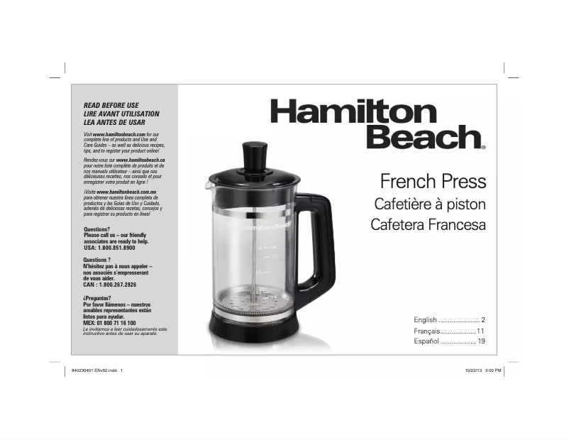 Page 1 of the manual Instruction Manual Hamilton Beach French Press 40400R