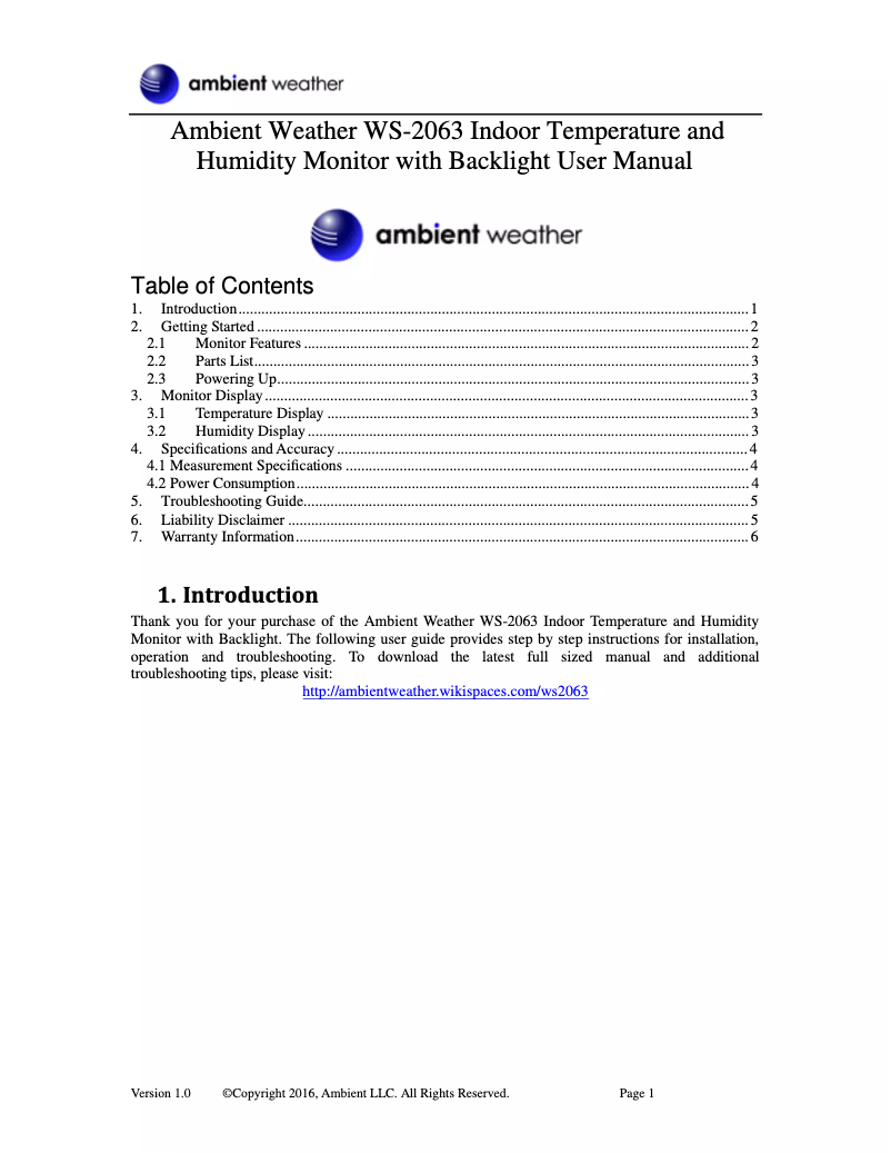 Page 1 de la notice Manuel utilisateur Ambient Weather WS-2063