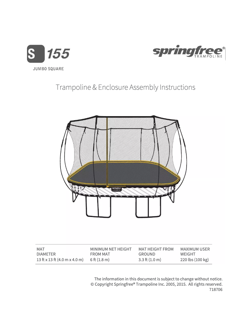 Page 1 de la notice Manuel utilisateur Springfree Jumbo Square S155