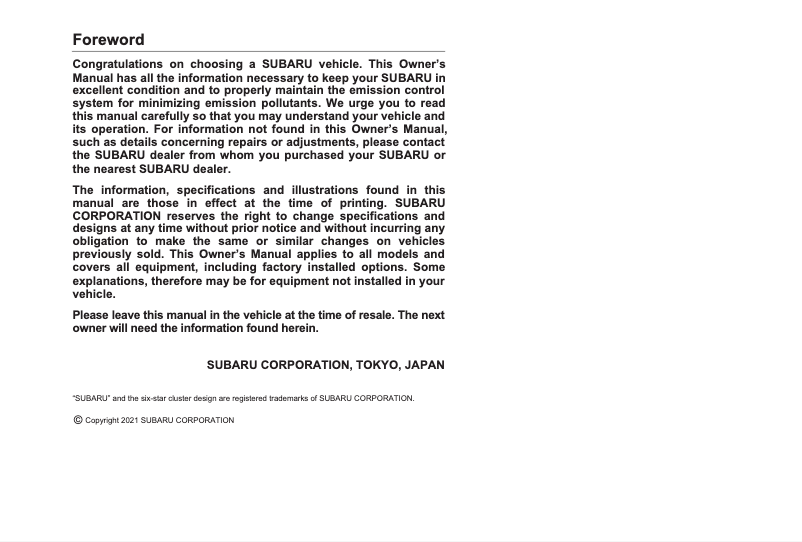 Page 1 de la notice Manuel utilisateur Subaru BRZ (2022)