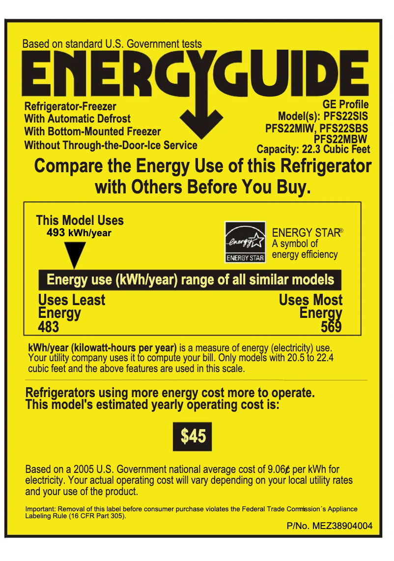 Page n°1 - Label énergétique GE Profile PFS22MIWWW