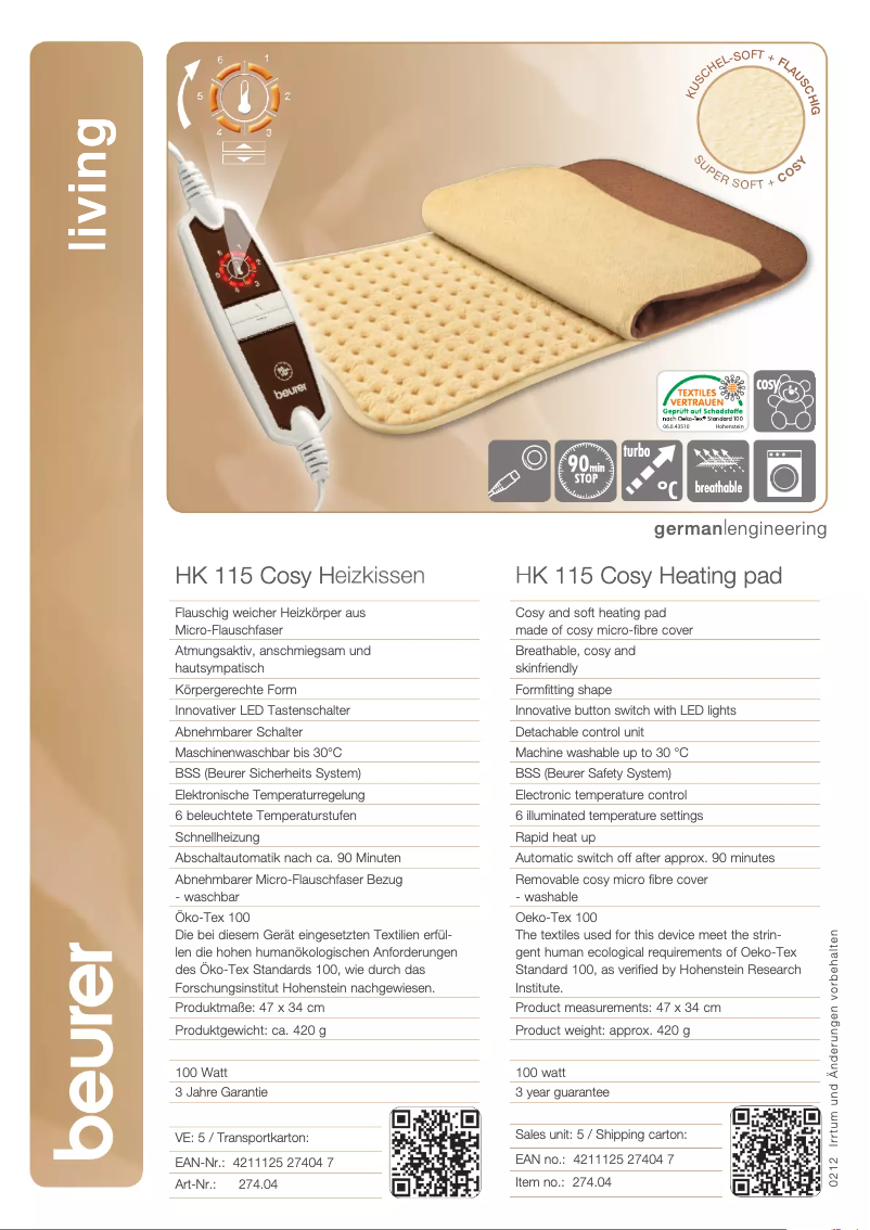 Page 1 de la notice Fiche technique Beurer HK 115