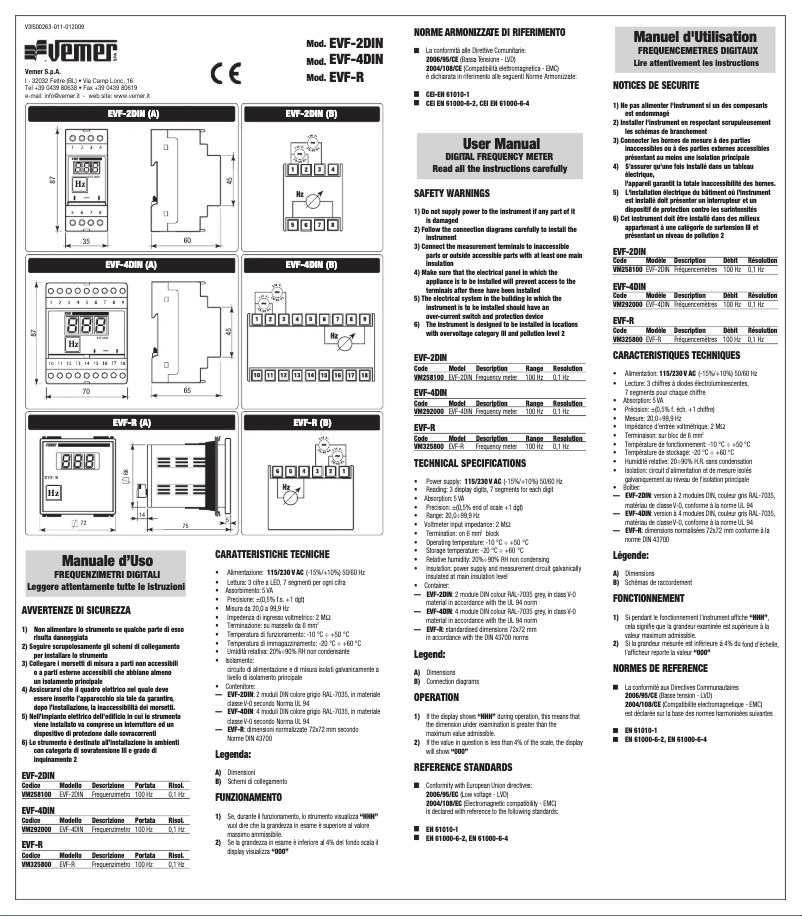 Page 1 de la notice Manuel utilisateur Vemer EVF-4DIN