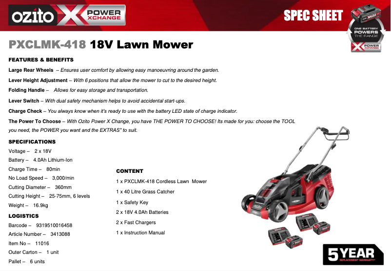 Page 1 de la notice Fiche technique Ozito PXCLMK-418