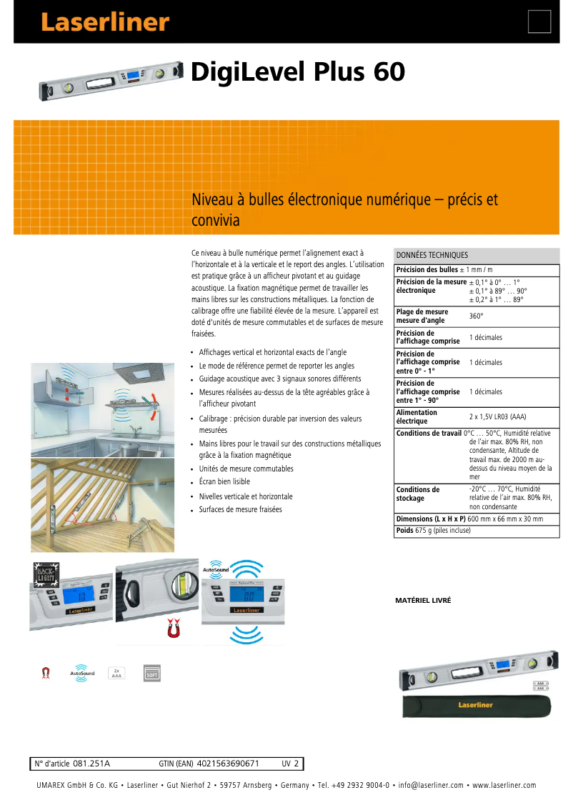 Page 1 of the manual Technical Sheet Laserliner DigiLevel Plus