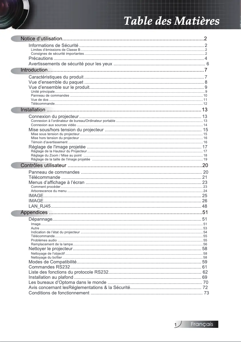 Page 1 de la notice Manuel utilisateur Optoma EX784