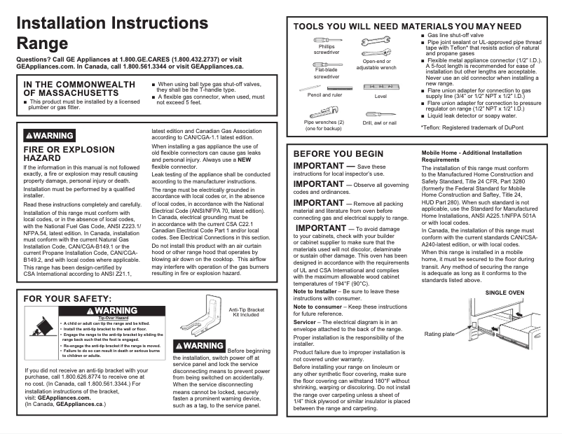 Page 1 of the manual Installation Guide GE JGS760SPSS