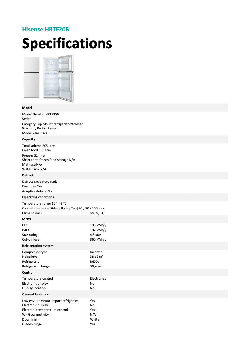 Page 1 de la notice Fiche technique Hisense HRTF206