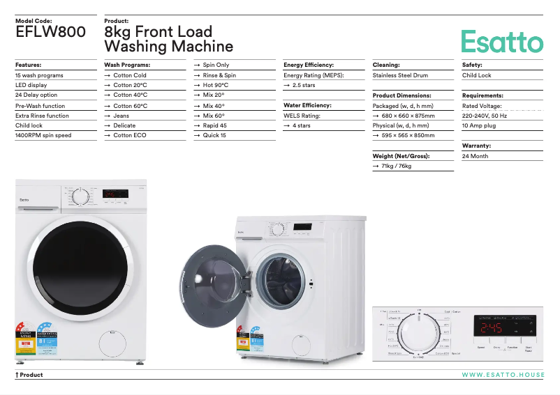 Página 1 del manual Ficha técnica Esatto EFLW800