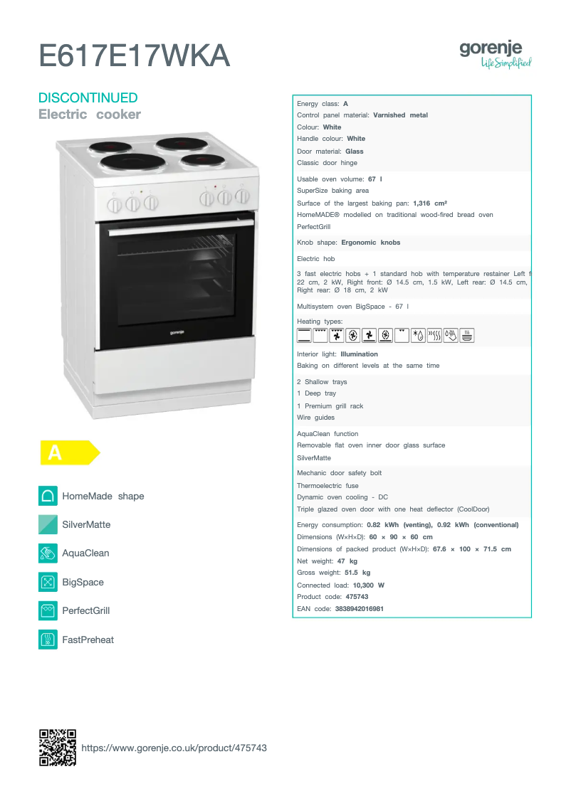 Page 1 de la notice Fiche technique Gorenje E617E17WKA