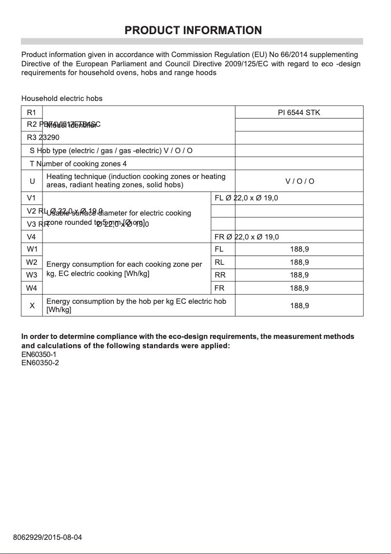 Page 1 de la notice Fiche technique Amica PI6544STK