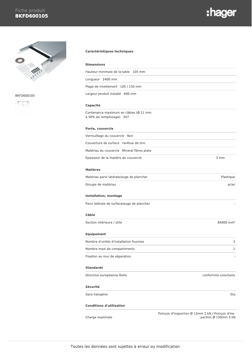 Page 1 de la notice Fiche technique Hager BKFD600105