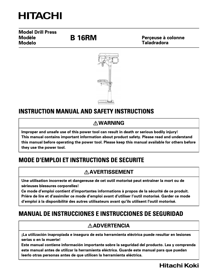 Page 1 de la notice Manuel utilisateur Hitachi B 16RM