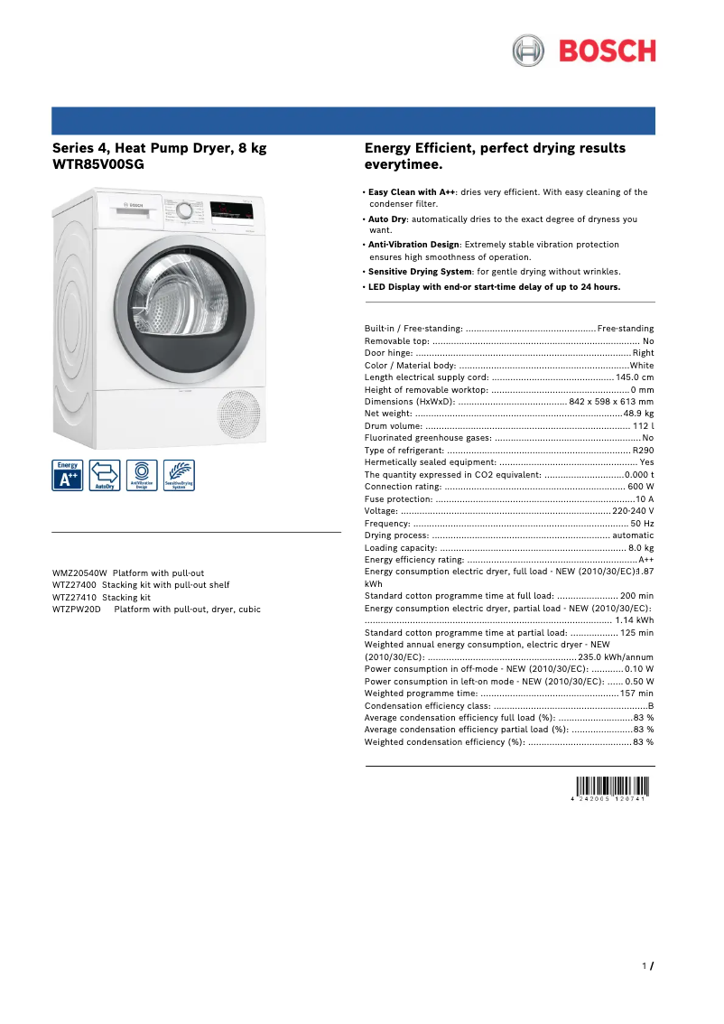 Page 1 de la notice Fiche technique Bosch WTR85V00SG