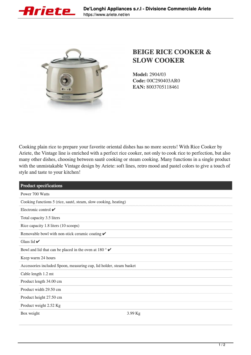 Page 1 of the manual Technical Sheet Ariete 2904