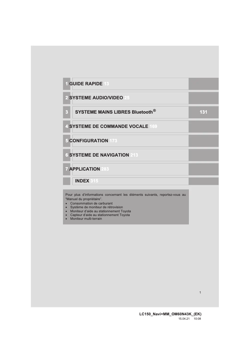 Page 1 de la notice Manuel utilisateur Toyota Land Cruiser 2015 Navigation