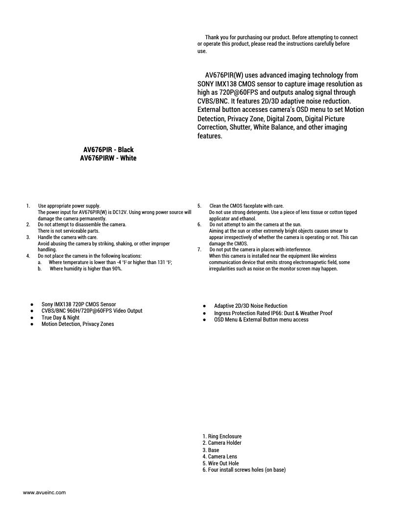 Page 1 de la notice Manuel utilisateur AVUE AV676PIR