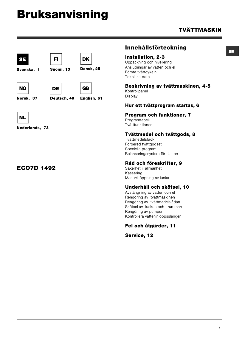 Page 1 de la notice Manuel utilisateur Hotpoint Maxi ECO7D 1492