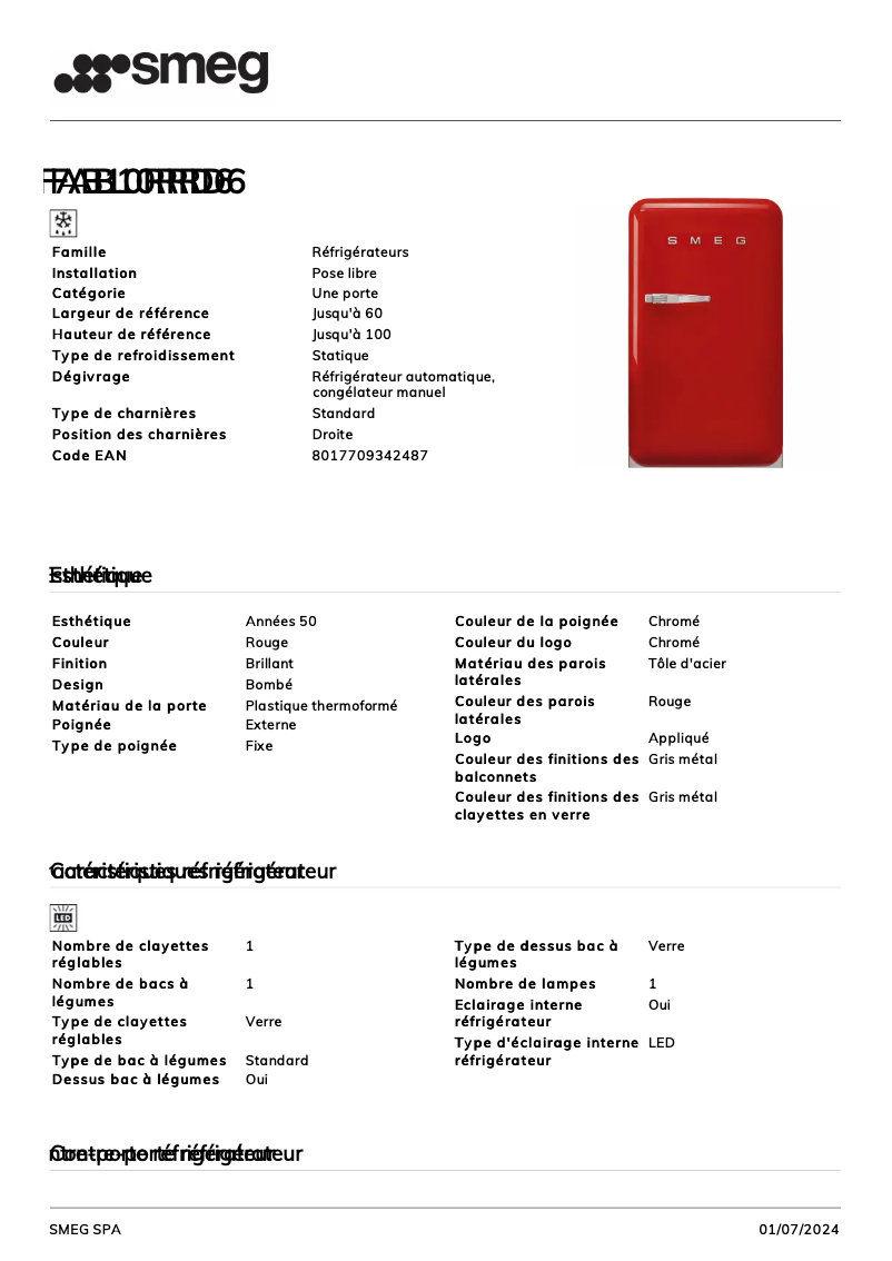 Página 1 del manual Ficha técnica Smeg FAB10RRD6