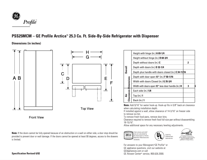 Page 1 of the manual Technical Sheet GE PSS25MCMWW