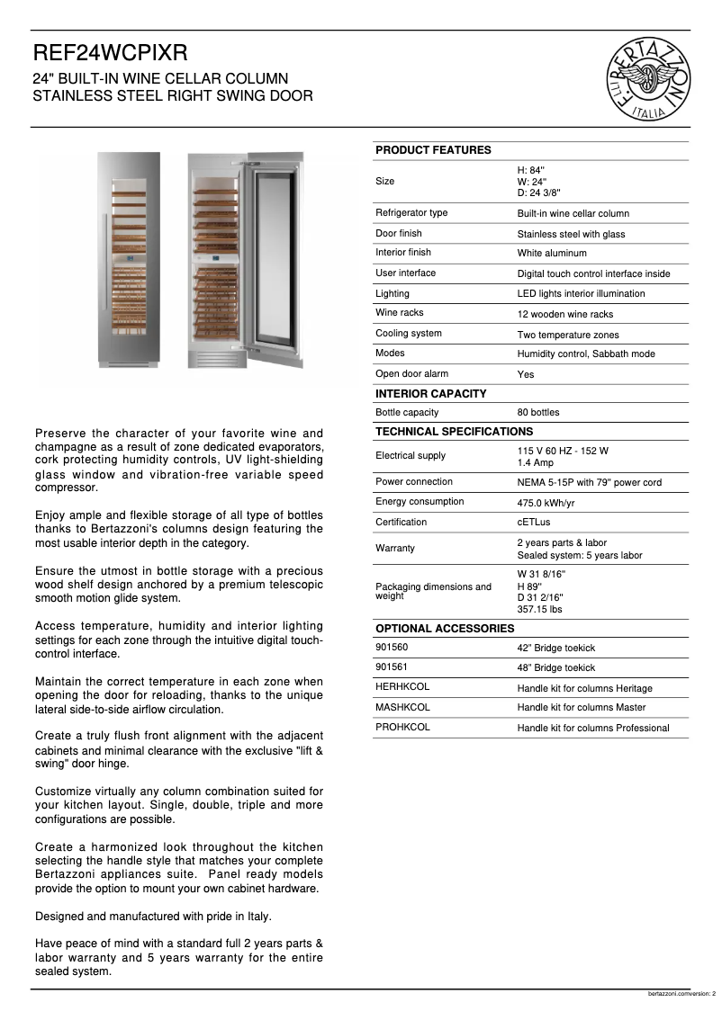 Page 1 de la notice Fiche technique Bertazzoni REF24WCPIXR