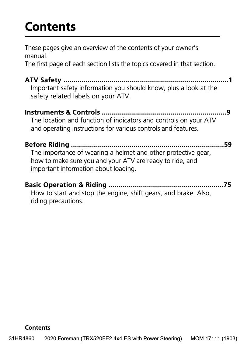 Page 1 de la notice Manuel utilisateur Honda FourTrax Foreman TRX500FM2 (2020)