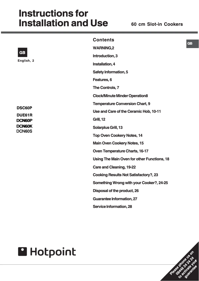 Page 1 de la notice Manuel utilisateur Hotpoint DCN60K