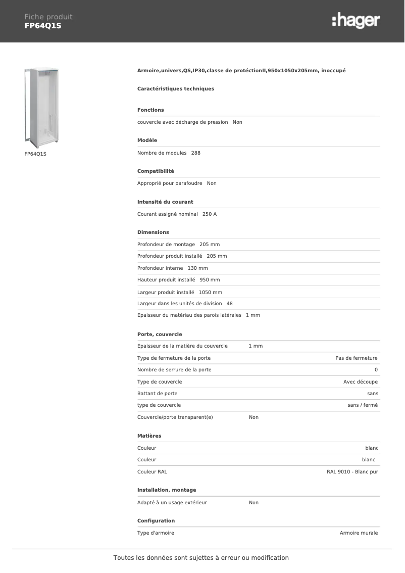 Page 1 de la notice Manuel utilisateur Hager FP64Q1S