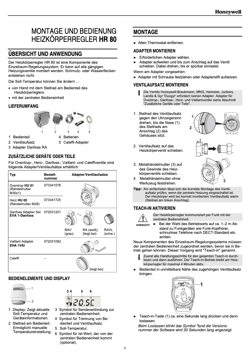 Page 1 de la notice Manuel utilisateur Honeywell HR 80