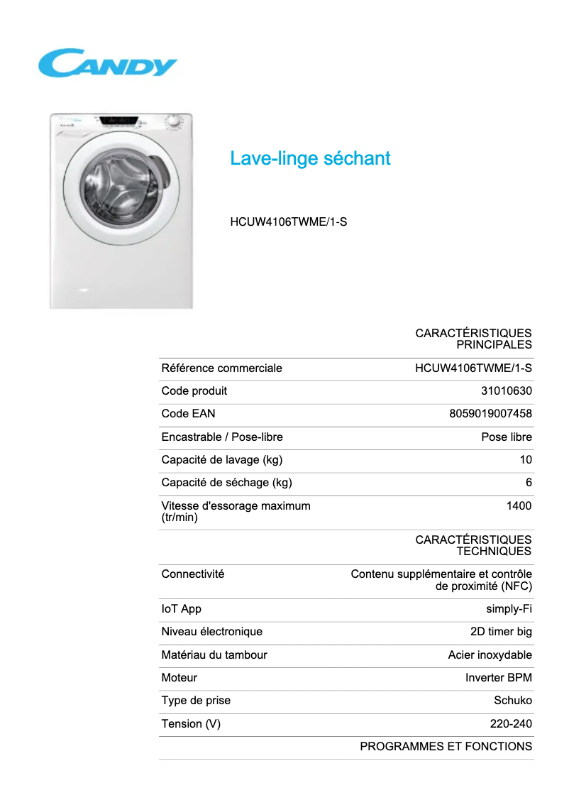 Página 1 del manual Ficha técnica Candy HCUW4106TWME/1-S