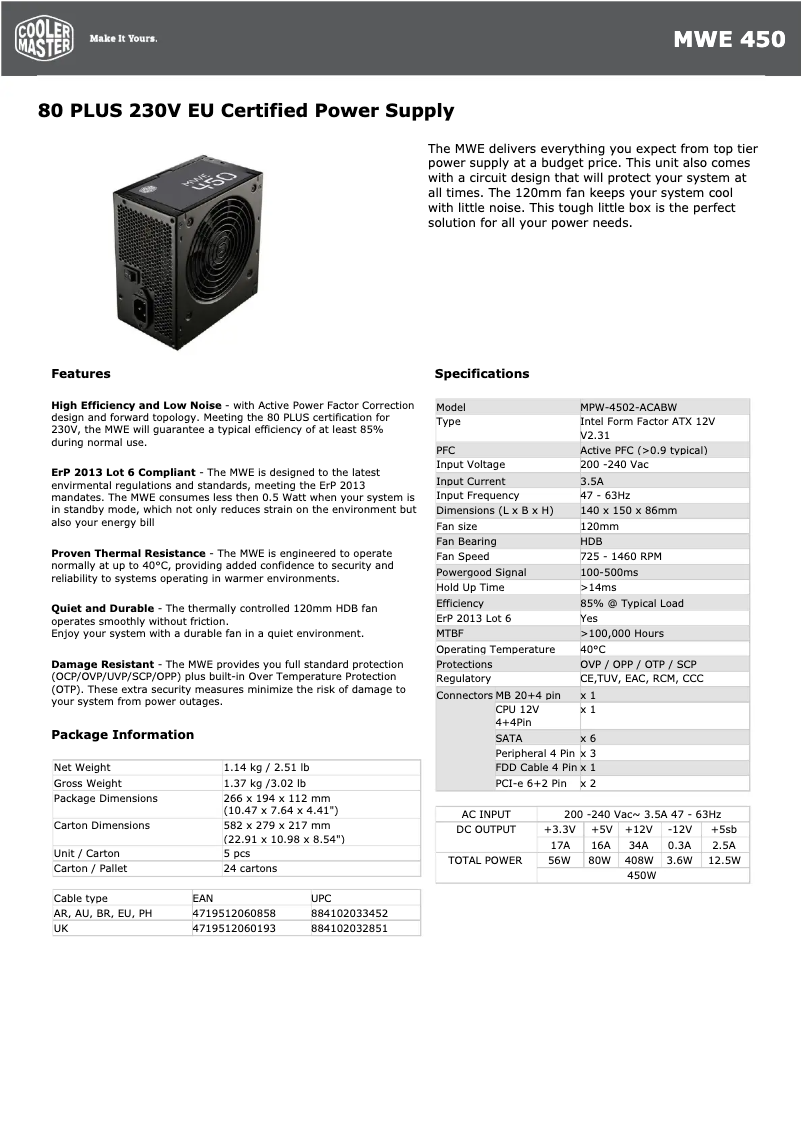Página 1 del manual Ficha técnica Cooler Master MWE 450 Bronze-v2