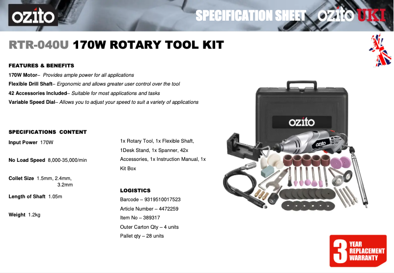 Page 1 de la notice Fiche technique Ozito RTR-040U
