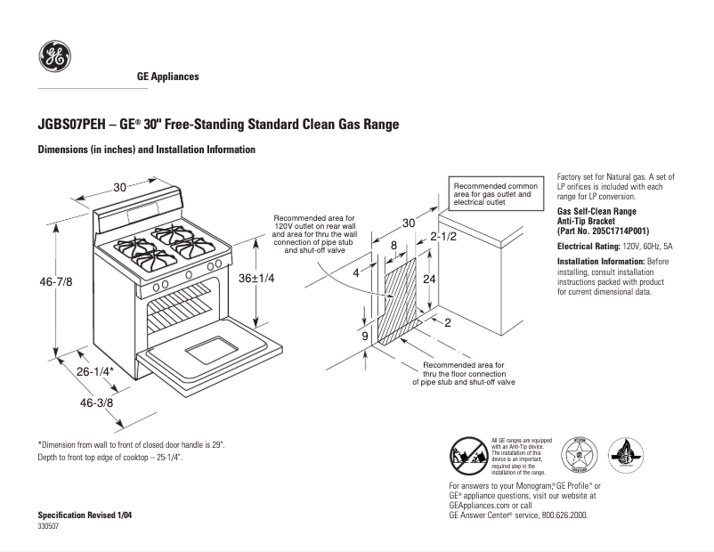 Page 1 of the manual Technical Sheet GE JGBS07PEHCC