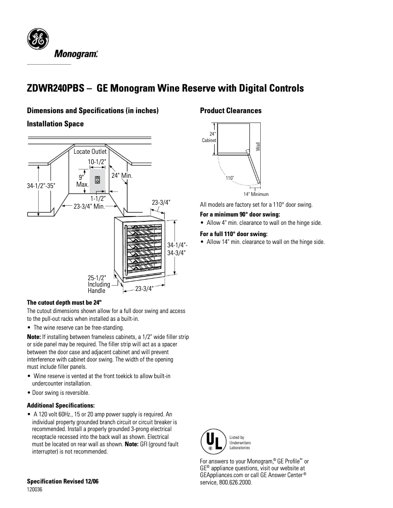 Page n°1 - Fiche technique GE ZDWR240PBS