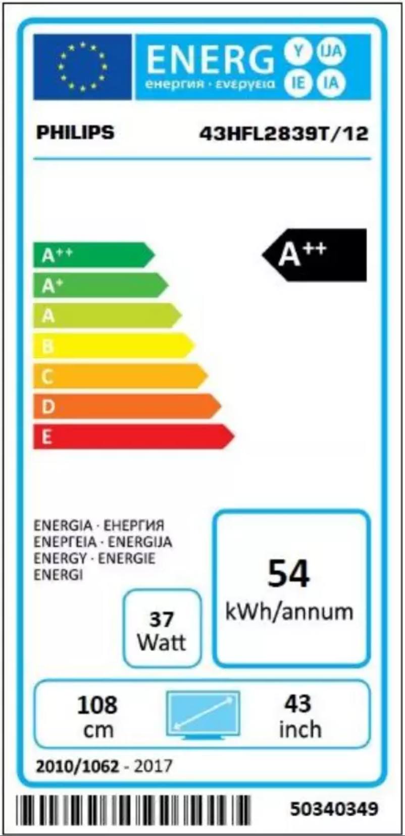 Página 1 del manual Etiqueta energética Philips 43HFL2839T