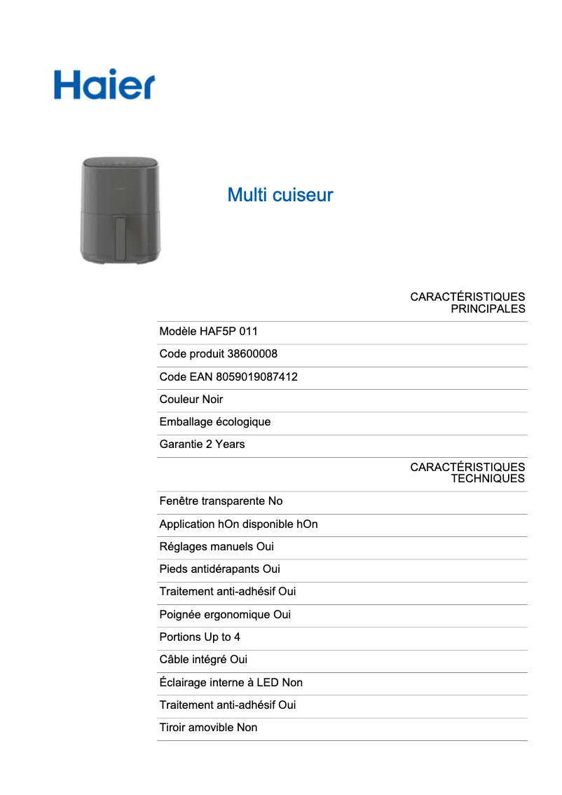 Page 1 de la notice Label énergétique Haier HAF5011