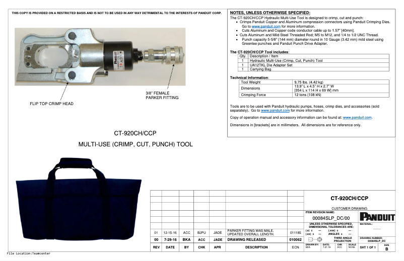 Page 1 de la notice Dessin technique Panduit CT-920CH/CCP
