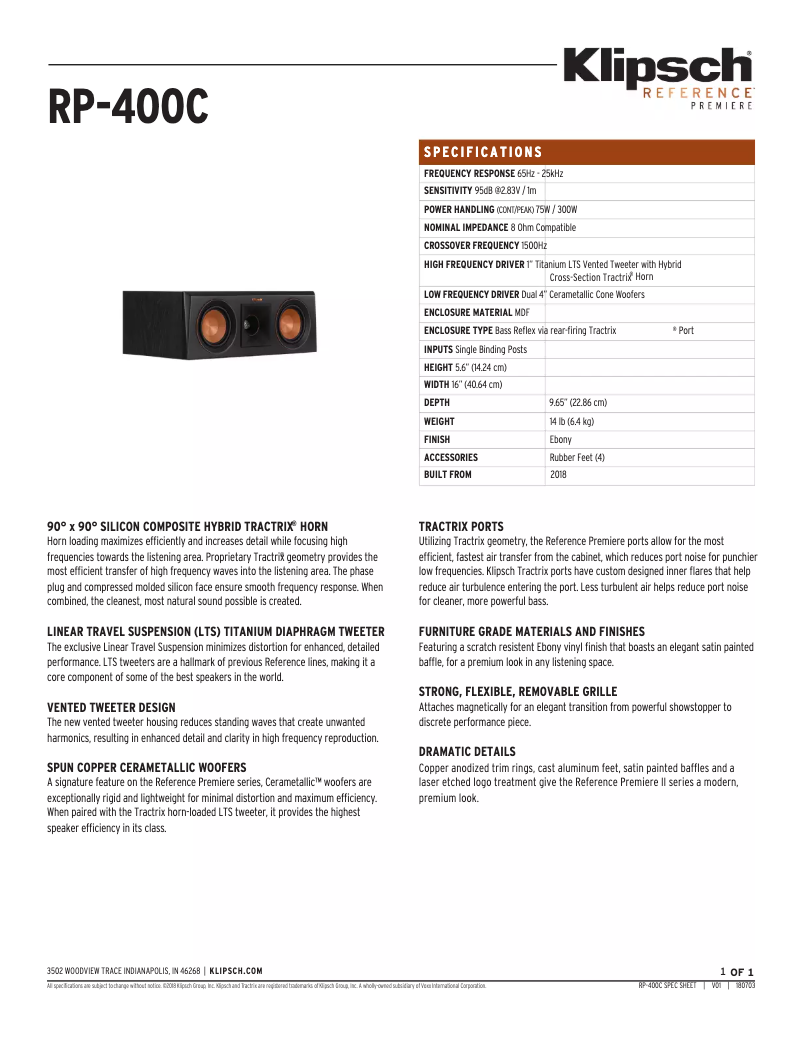 Page 1 de la notice Fiche technique Klipsch Reference Premiere RP-400C