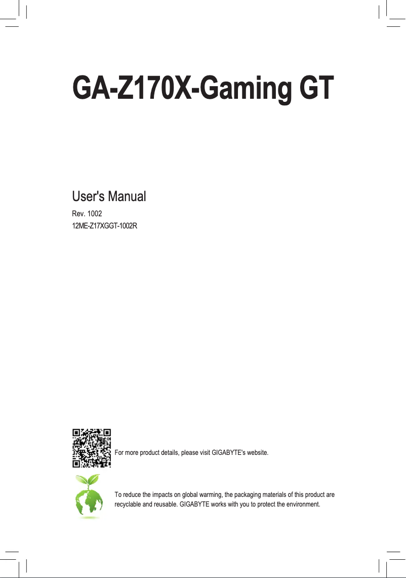 Page 1 de la notice Manuel utilisateur Gigabyte GA-Z170X-Gaming GT