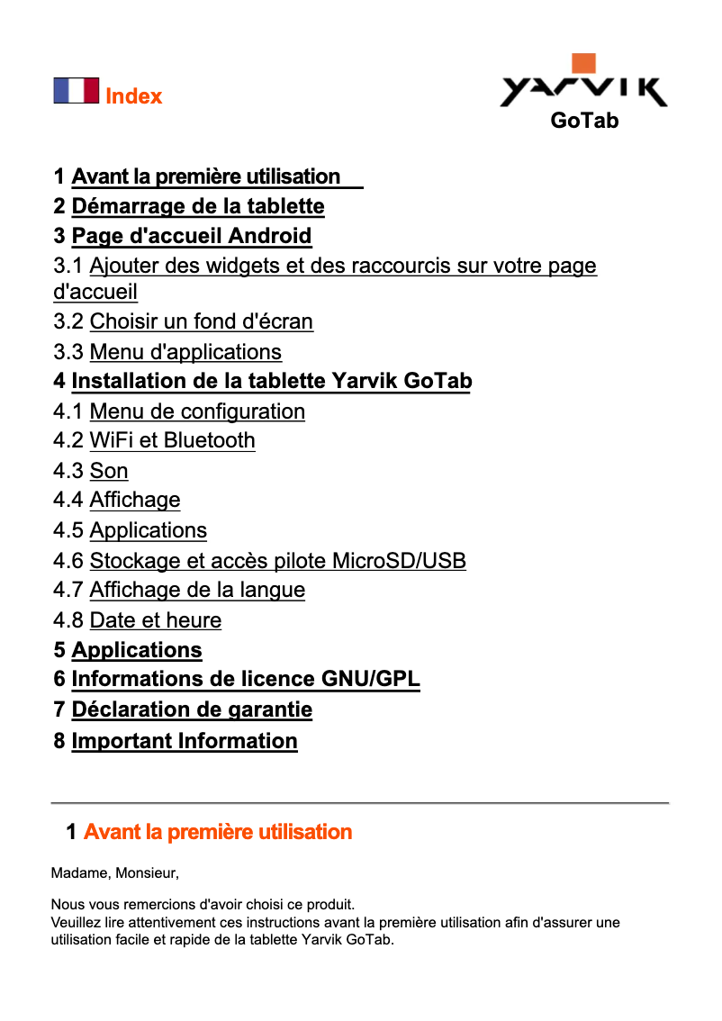 Page 1 de la notice Manuel utilisateur Yarvik GoTab Yotta 9.7