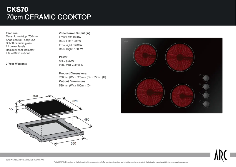 Page 1 de la notice Fiche technique ARC CKS70