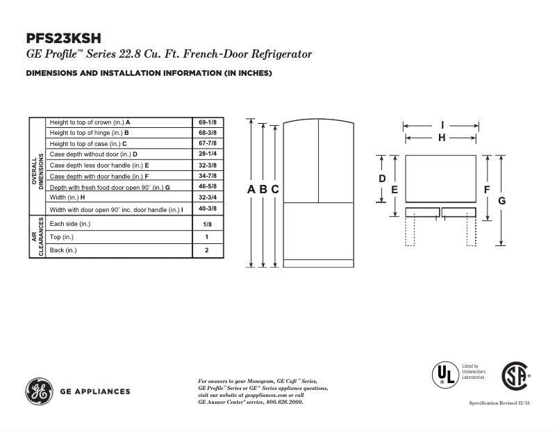 Page n°1 - Fiche technique GE Profile PFS23KSHSS