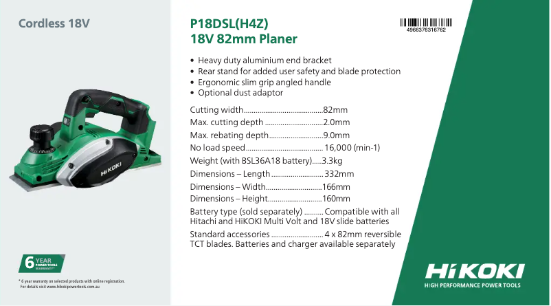 Page 1 de la notice Fiche technique HiKOKI P18DSL
