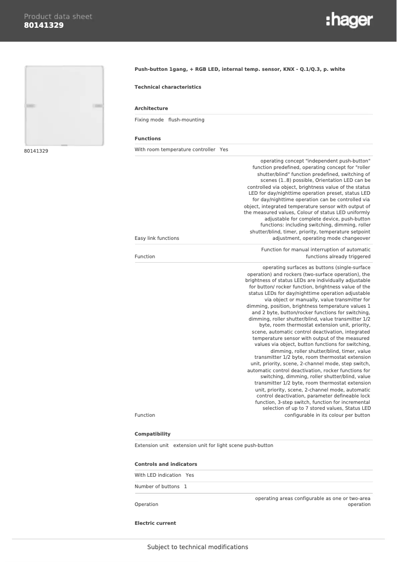 Page 1 de la notice Fiche technique Berker 80141329